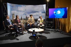 Black Mirror The Waldo Moment l-r: Liam Monroe (Tobias Menzies), Gwendolyn (Chloe Pirrie), Robert (Jack Monaghan) and Simon Finch (Louis Waymouth)