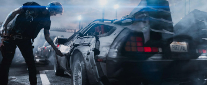 Image of the character Parzival, getting into the Delorean from the movie, Back to the Future.