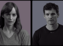 Jennifer and Ian talk to each other virtually in a still from Match