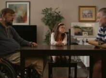Patrick and Robert speak with Camilla in the film Daruma