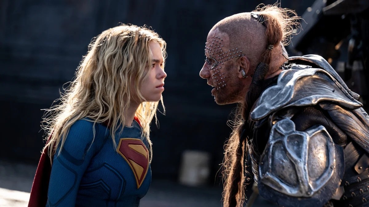 Milly Alcock and Matthias Schoenaerts in a scene from 'Supergirl'.